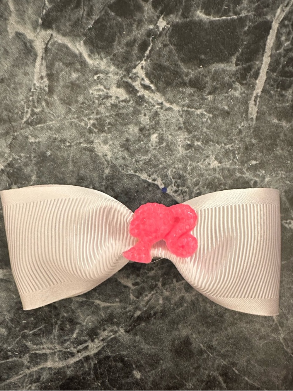 White Bow Hair Clip with Pink Barbie Accent